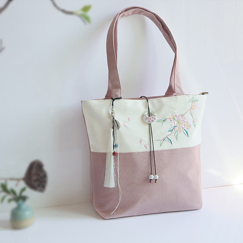 Mythstone Pear Flower Plum Peach Blossom Bamboo Embroidery Canvas Large Capacity Shoulder Bag Tote Bag