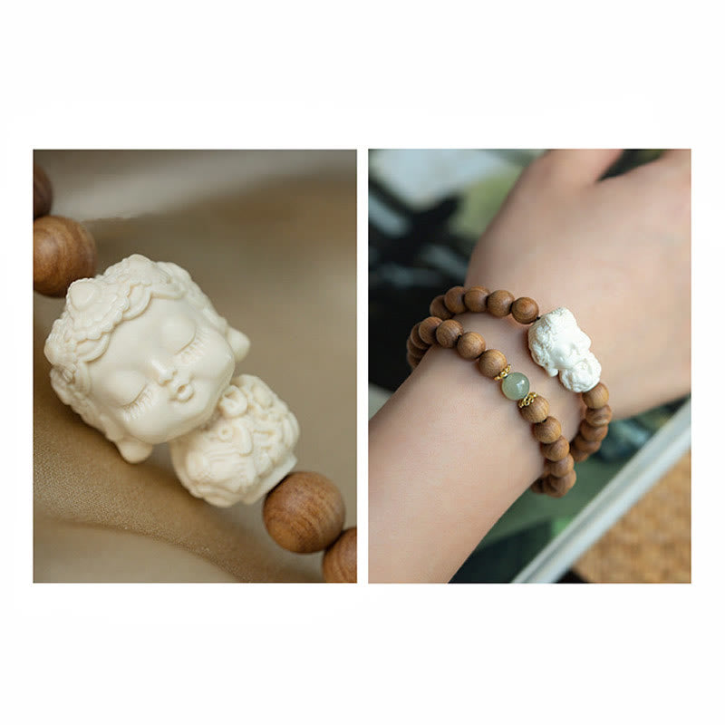 Mythstone Sandalwood Hetian Jade Ivory Fruit Green Tara Protection Bracelet