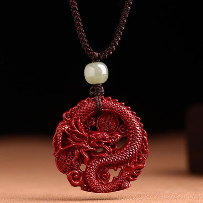 Mythstone Year Of The Dragon Natural Cinnabar Hetian Jade Bead Copper Coin Attract Wealth Strength Necklace Pendant