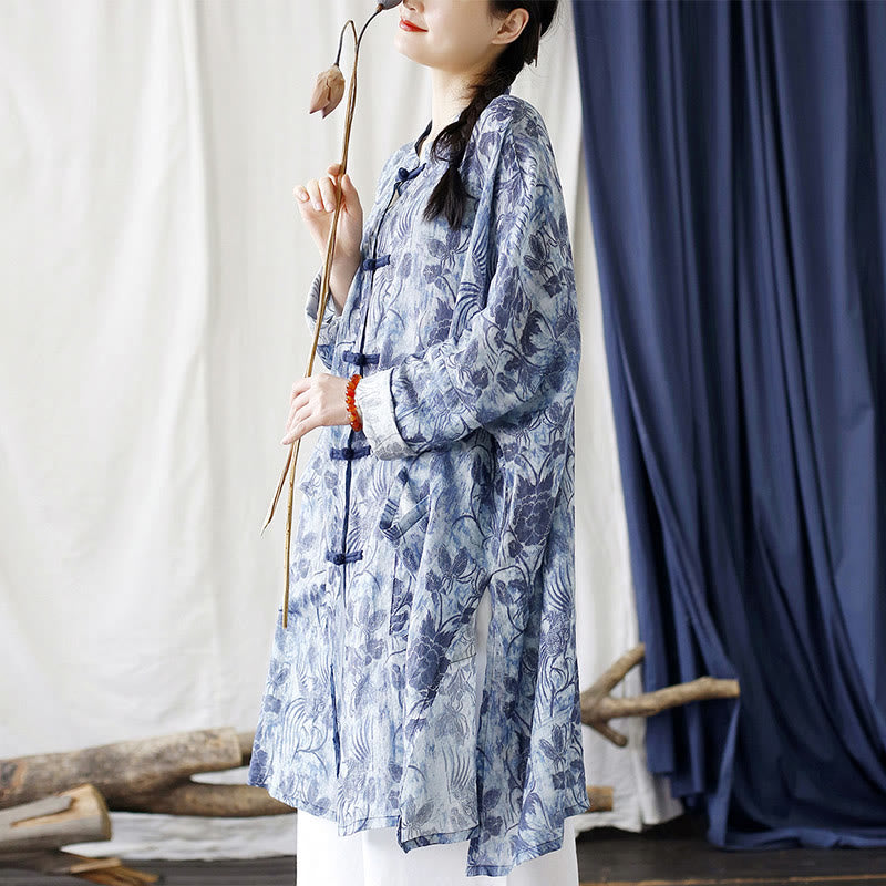 Mythstone Blue Flowers Butterfly Frog-Button Long Sleeve Ramie Linen Jacket Shirt With Pockets