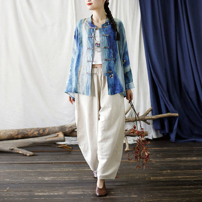 Mythstone Blue White Beige Small Flower Frog-button Design Long Sleeve Ramie Linen Jacket Shirt