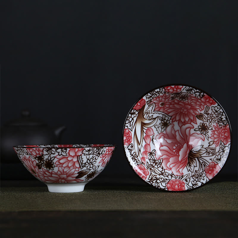 Mythstone Flowers Fu Character Mountains Lotus Cherry Blossoms Ceramic Teacup Kung Fu Tea Cup