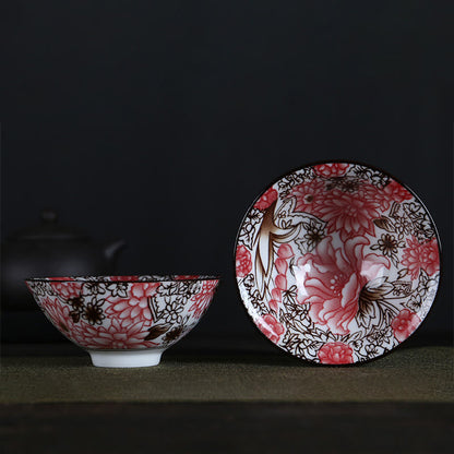 Mythstone Flowers Fu Character Mountains Lotus Cherry Blossoms Ceramic Teacup Kung Fu Tea Cup