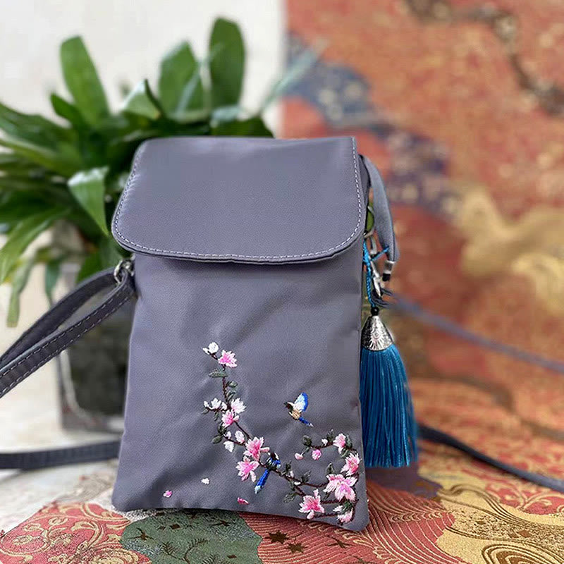 Mythstone Waterproof Handmade Embroidered Lotus Flowers Crossbody Bag Shoulder Bag Cellphone Bag