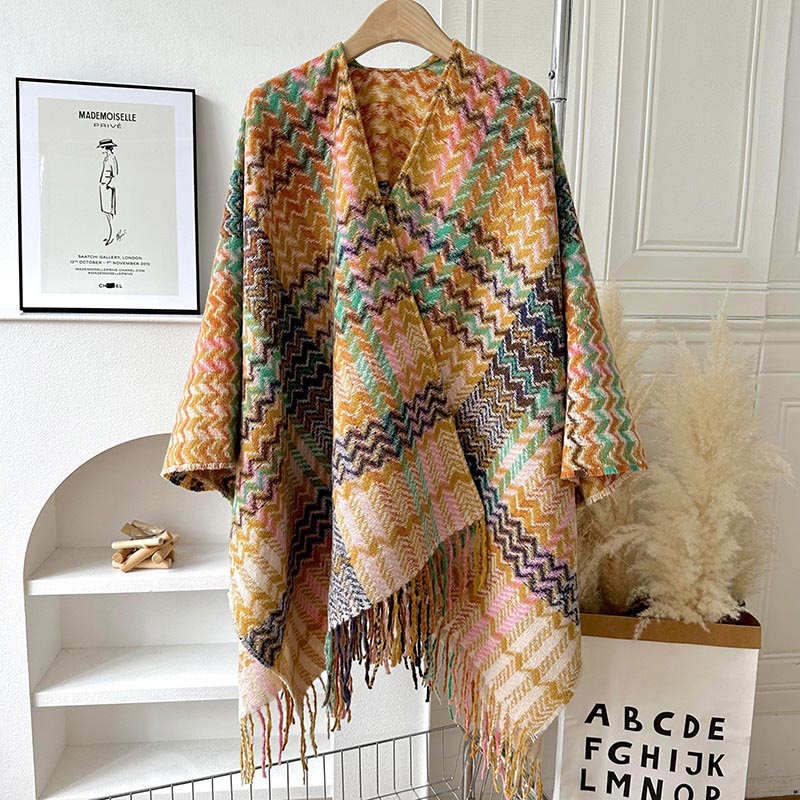 Mythstone Tibetan Shawl Colorful Wavy Striped Shapes Tassels Winter Cozy Travel Scarf Wrap