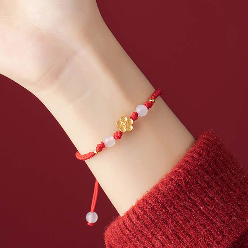 Mythstone Handmade 925 Sterling Silver Peach Blossom Cherry Sakura Chalcedony Bead Luck Red Rope Bracelet