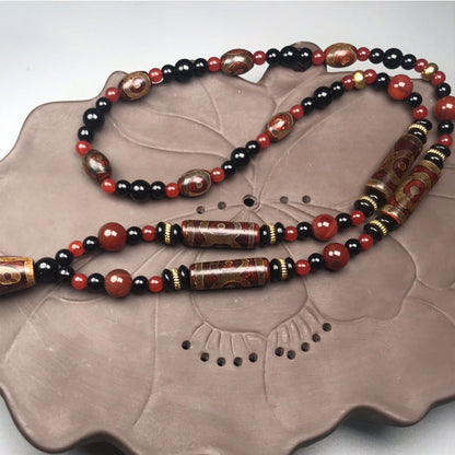 Mythstone Nine-Eye Dzi Bead Red Agate Wealth Health Necklace