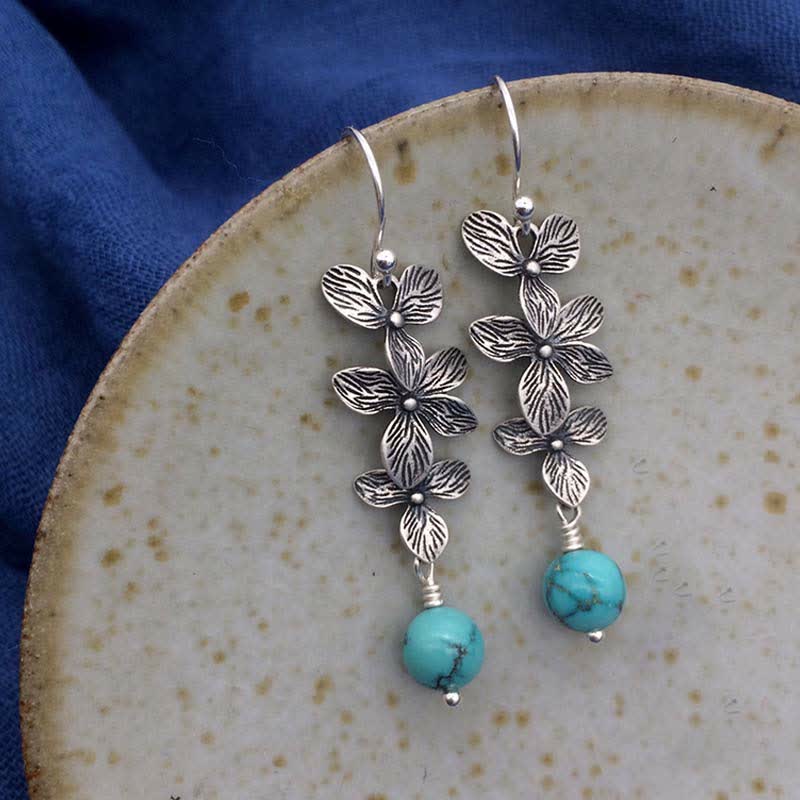 Mythstone 925 Sterling Silver Turquoise Lazurite Flower Leaf Serenity Protection Hook Drop Dangle Earrings