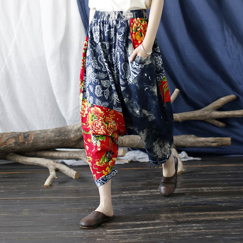 Mythstone Blue Red Peony Flowers Patchwork Cotton Linen Harem Pants With Pockets