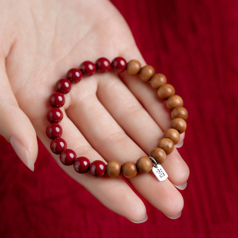 Mythstone 925 Sterling Silver Peach Wood Cinnabar Ward Off Evil Spirits Bracelet