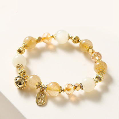 Mythstone 14K Gold Plated Golden Rutilated Quartz Wealth Bell Lucky Fortune Charm Bracelet