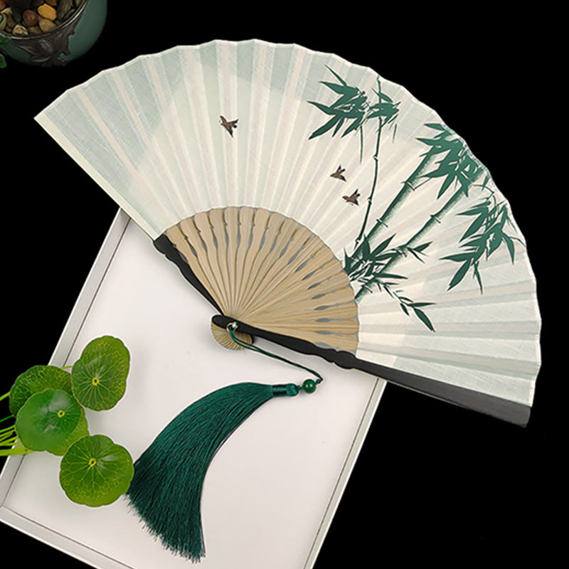 Mythstone Bamboo Koi Fish Crane Handheld Cotton Linen Folding Fan