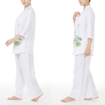 Mythstone 2Pcs White Lotus Flower Leaf Half Sleeve Shirt Top Pants Meditation Zen Tai Chi Linen Clothing Women's Set