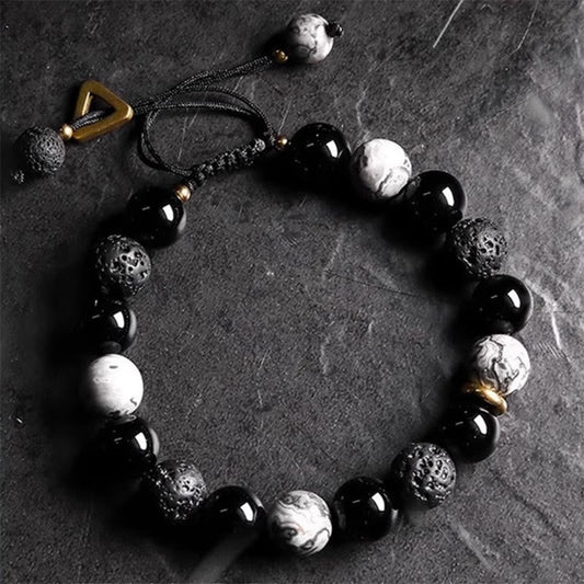 Mythstone Black Obsidian Lava Rock Stone Yin Yang Strength Bracelet