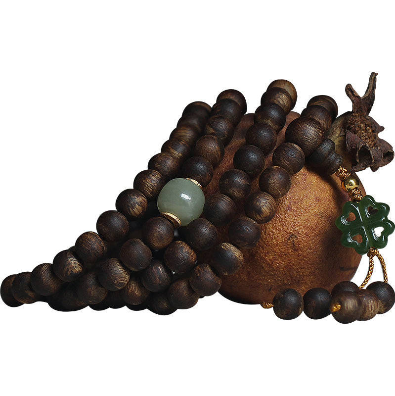 108 Mala Beads Nha Trang Bai Qinan Agarwood Jade 999 Gold Peace Bracelet