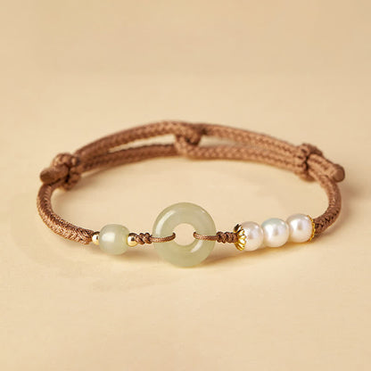 Mythstone Natural Hetian Jade Pearl Peace Buckle Luck Bracelet