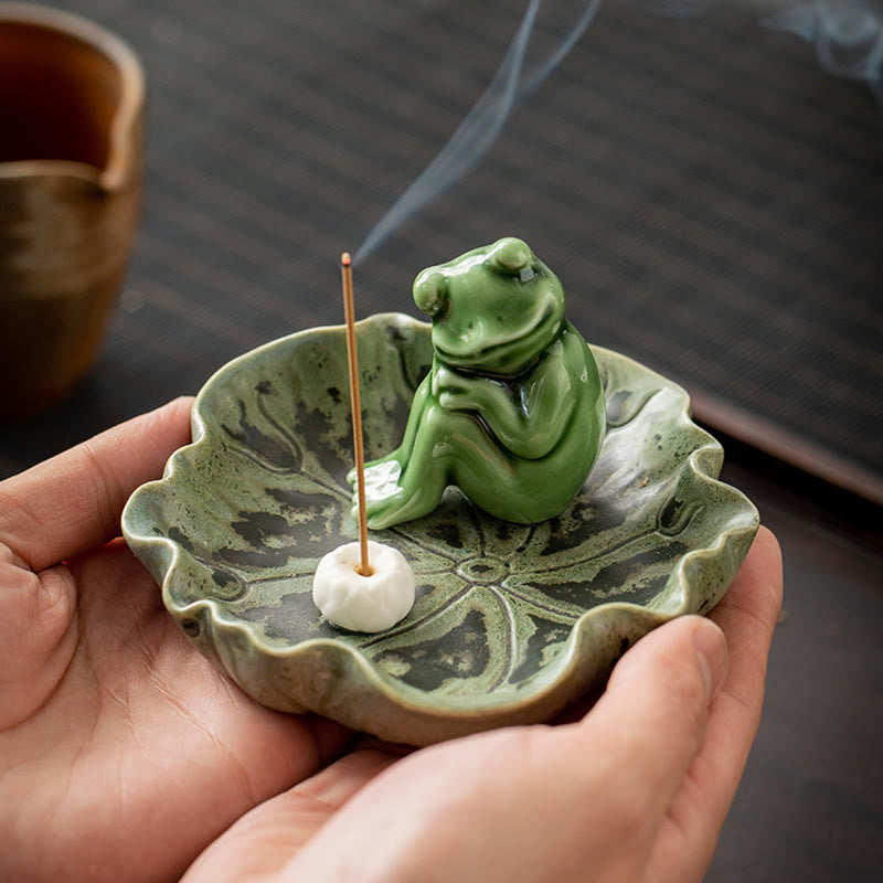 Mythstone Leaf Meditation Frog Pattern Healing Ceramic Incense Burner Decoration