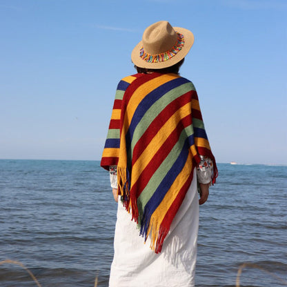 Mythstone Tibetan Colorful Striped Design Shawl Tassels Pullover Winter Cozy Travel Scarf Wrap