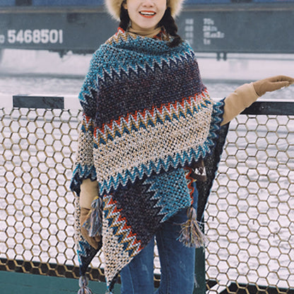 Chal tibetano Mythstone con estampado ondulado azul, beige y rojo, bufanda cálida con borlas para el invierno