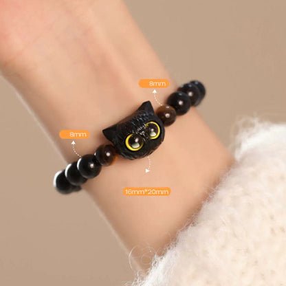 Mythstone Cute Ebony Wood Cat Head Pattern Peace Bracelet