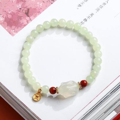 Mythstone 925 Sterling Silver Plated Gold Natural Hetian Jade Bead Gourd Lotus Bamboo Fu Character Luck Bracelet