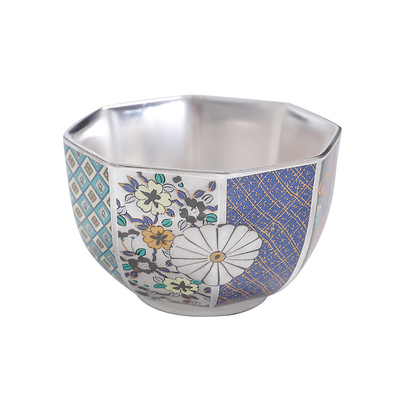 Mythstone 999 Sterling Silver Gilding Chrysanthemum Flowers Ceramic Teacup Kung Fu Tea Cup