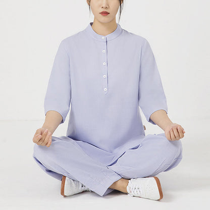 Mythstone 2Pcs Buttons Three Quarter Sleeve Shirt Top Pants Meditation Zen Tai Chi Cotton Linen Clothing Women's Set