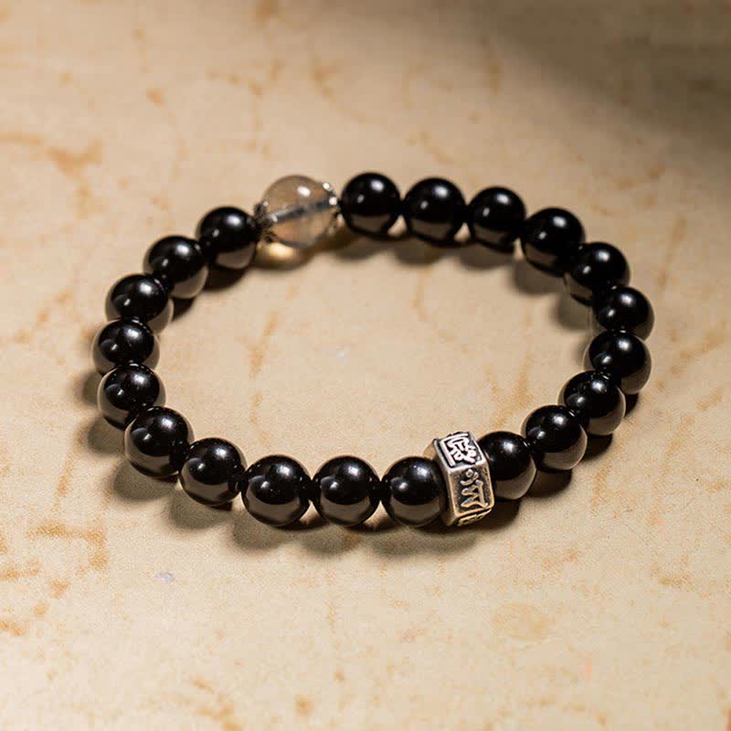 Mythstone Chinese Zodiac Natal Buddha 925 Sterling Silver Black Obsidian Moonstone Strength Bracelet