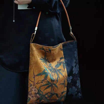 Bolso de mano con diseño de hojas de bambú, flores, mariposas y caqui de Mythstone 