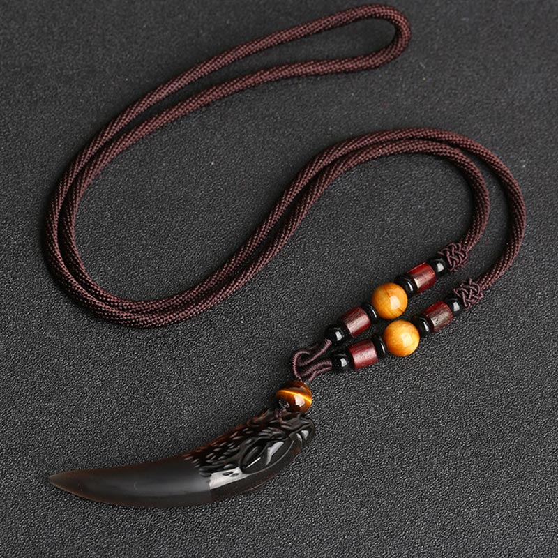 Mythstone Natural Ice Obsidian Wolf Tooth Pattern Courage Necklace Pendant