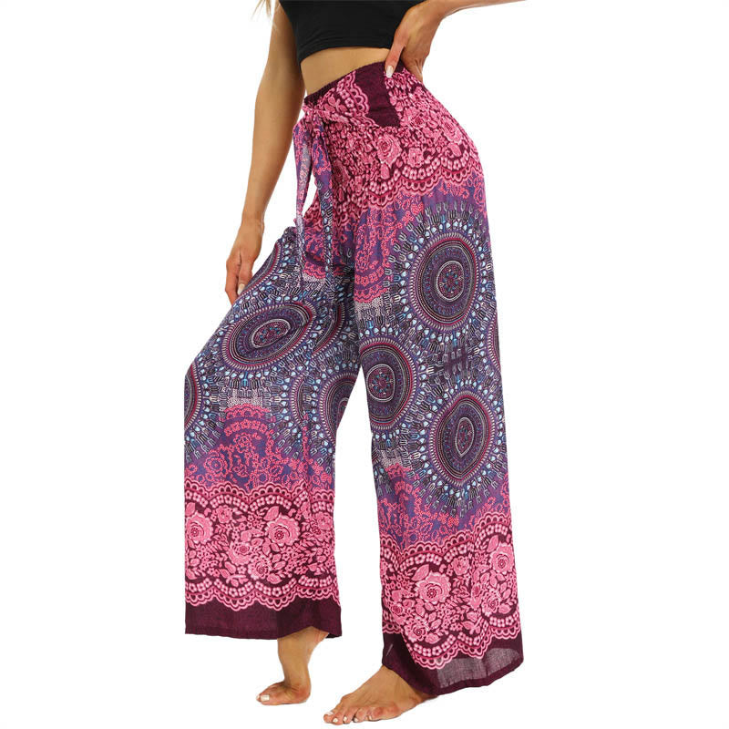 Mythstone Bohemian Mandala Flower Lace-up Wide Leg Pants Women's Yoga Pants