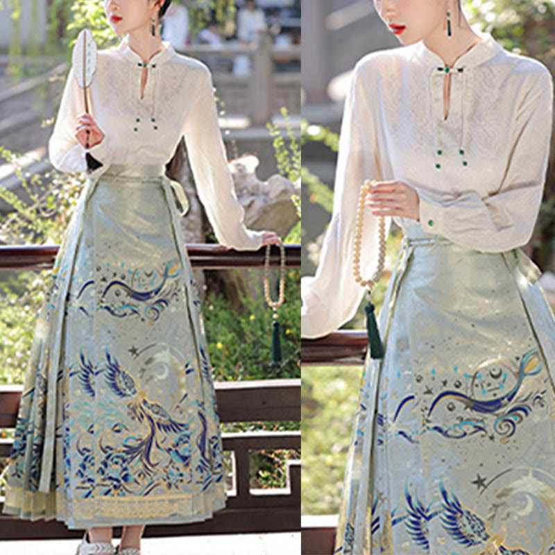 Mythstone Green Phoenix Printed Chinese Hanfu Horse Face Skirt Mamianqun