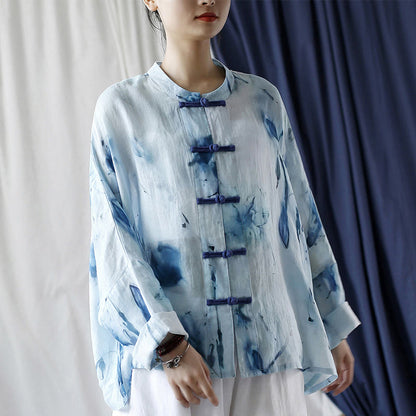 Mythstone Tie Dye Blue Flowers Frog-Button Design Long Sleeve Ramie Linen Jacket Shirt