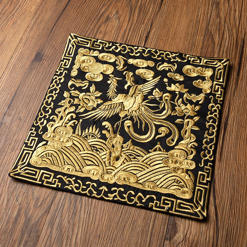 Mythstone Phoenix Dragon Kirin Embroidery Cup Mat Pad Tea Cup Coaster Kung Fu Tea Mat