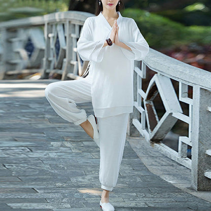 Conjunto de ropa de algodón y lino para yoga Mythstone, uniforme para práctica de meditación y zen para mujer