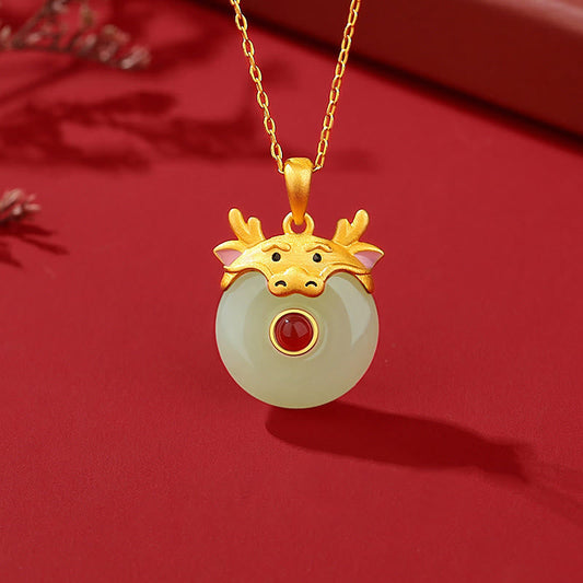 Mythstone 925 Sterling Silver Hetian Jade Chinese Zodiac Year of the Dragon Red Agate Luck Protection Necklace Pendant