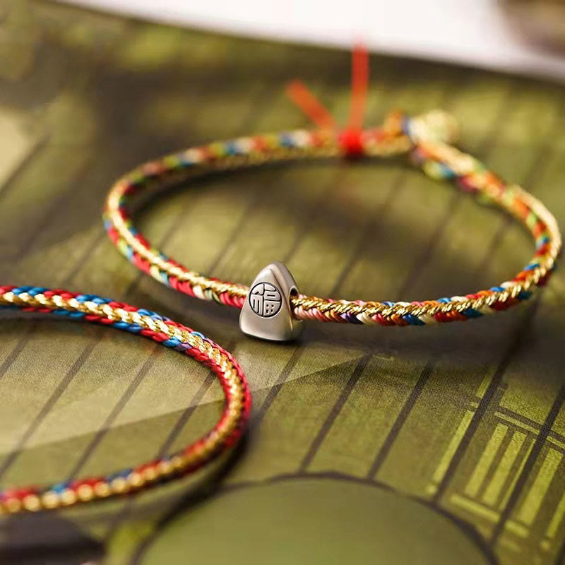 Mythstone 925 Sterling Silver Fu Character Zongzi Pattern Multicolored String Luck Handmade Braided Bracelet