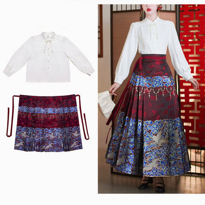 Mythstone Long Sleeve Shirt Top Chinese Hanfu Crane Blue Auspicious Clouds Horse Face Skirt Mamianqun