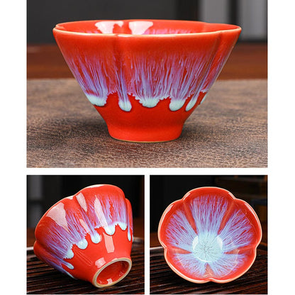 Mythstone 6Pcs Plum Blossom Petal Pattern Chinese Jianzhan Kiln Change Ceramic Teacup Kung Fu Tea Cup Bowl With Gift Box