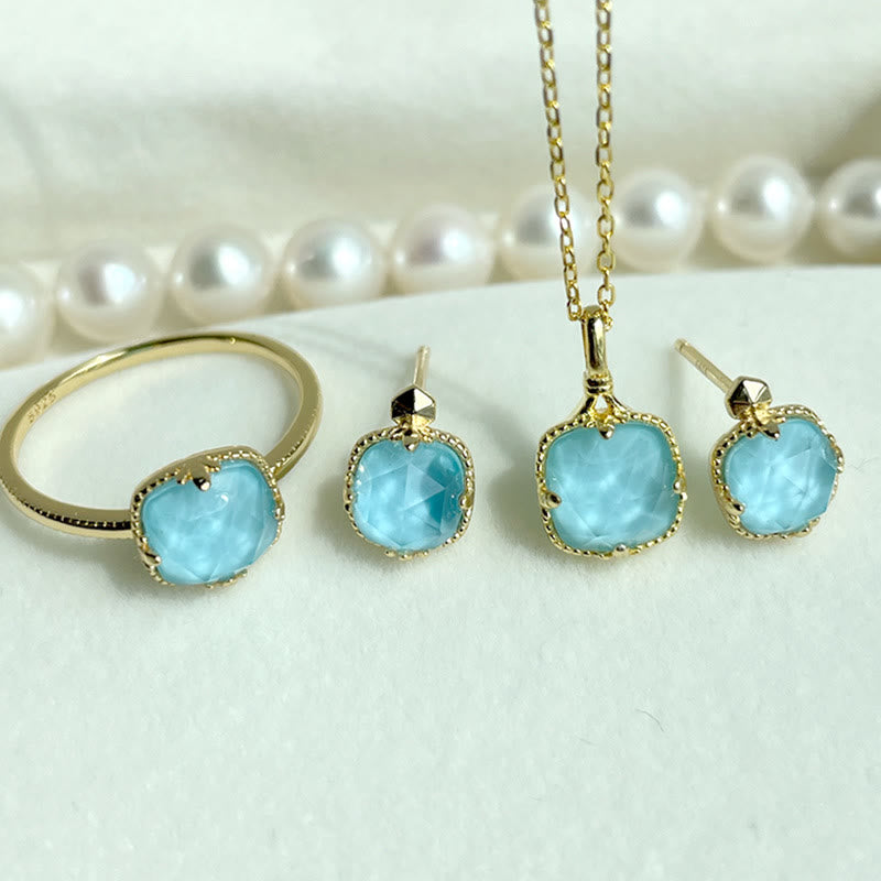 Mythstone 925 Sterling Silver Plated Gold Turquoise Protection Ring Earrings Necklace Pendant Set