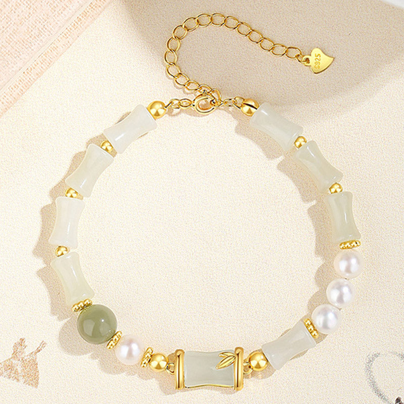 Pulsera de plata de ley 925 con jade blanco natural y bambú Mythstone para la suerte 