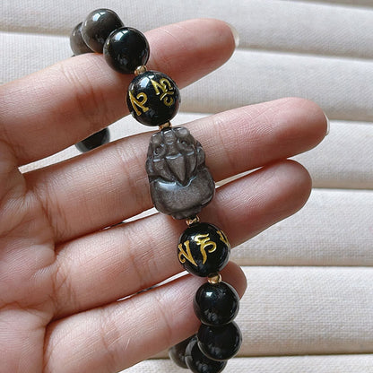 Mythstone Natural Silver Sheen Obsidian Black Obsidian Om Mani Padme Hum Pixiu Protection Bracelet