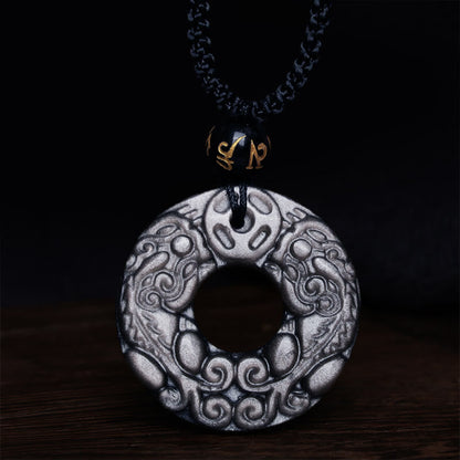 Mythstone Natural Silver Sheen Obsidian Double PiXiu Copper Coin Peace Buckle Protection Necklace Pendant