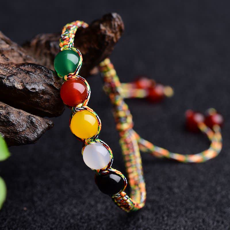 Pulsera de hilo con cinco elementos de piedra mitológica, ágata colorida, metal, madera, agua, fuego y tierra