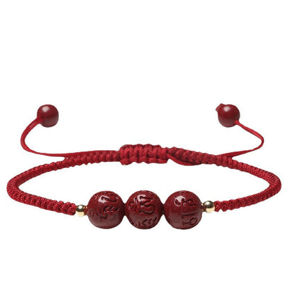 Mythstone Handmade Cinnabar Om Mani Padme Hum Engraved Beads Blessing Braided Bracelet