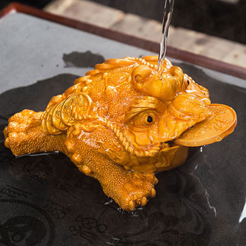 Mythstone Color Changing FengShui Wealth Lucky Frog Copper Coin Tea Pet Resin Figurine Decoration