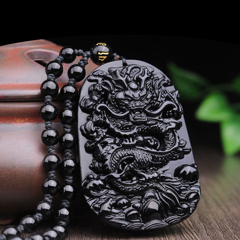 Mythstone Black Obsidian Stone Dragon Fulfilment Pendant Necklace