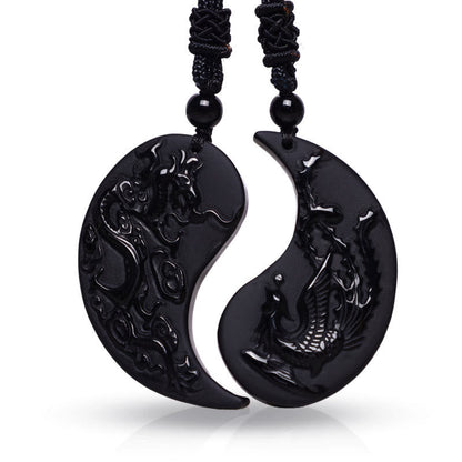 Mythstone Black Obsidian Yin Yang Dragon Phoenix Luck Necklace Pendant