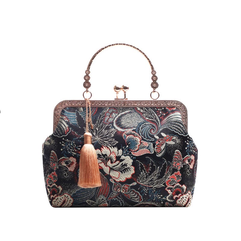 Mythstone Vintage Flower Butterfly Crane Sea Waves Metal Chain Crossbody Bag Shoulder Bag Handbag