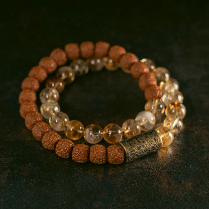 Mythstone Natural Citrine Crystal Rudraksha Bodhi Seed Brass Bead Prosperity Double Wrap Bracelet